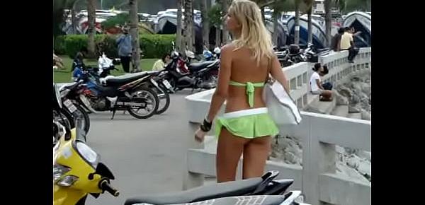  Sexy green mini shorts girl in public